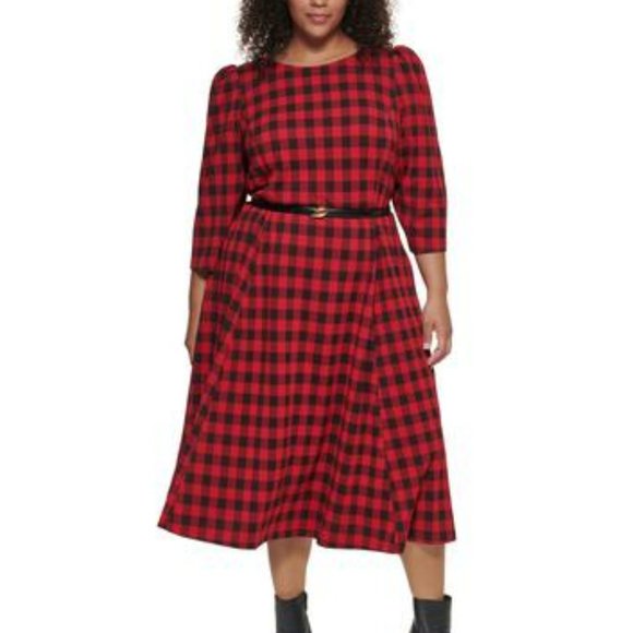 Plus Size Checkered Belted A-Line Dress - Picture 1 of 7